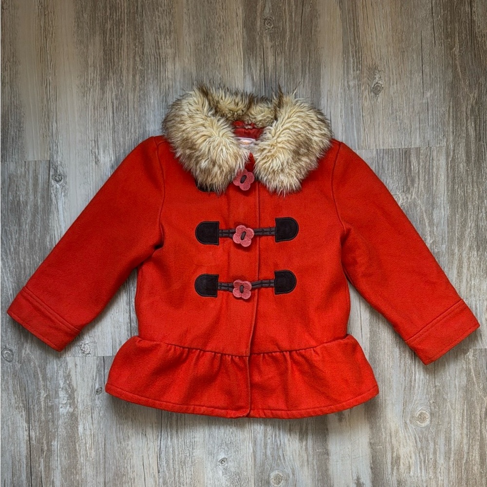 Gymboree Vintage Girls Wool Blend Coat XS 3-4 Orange Flower Toggle Faux Fur